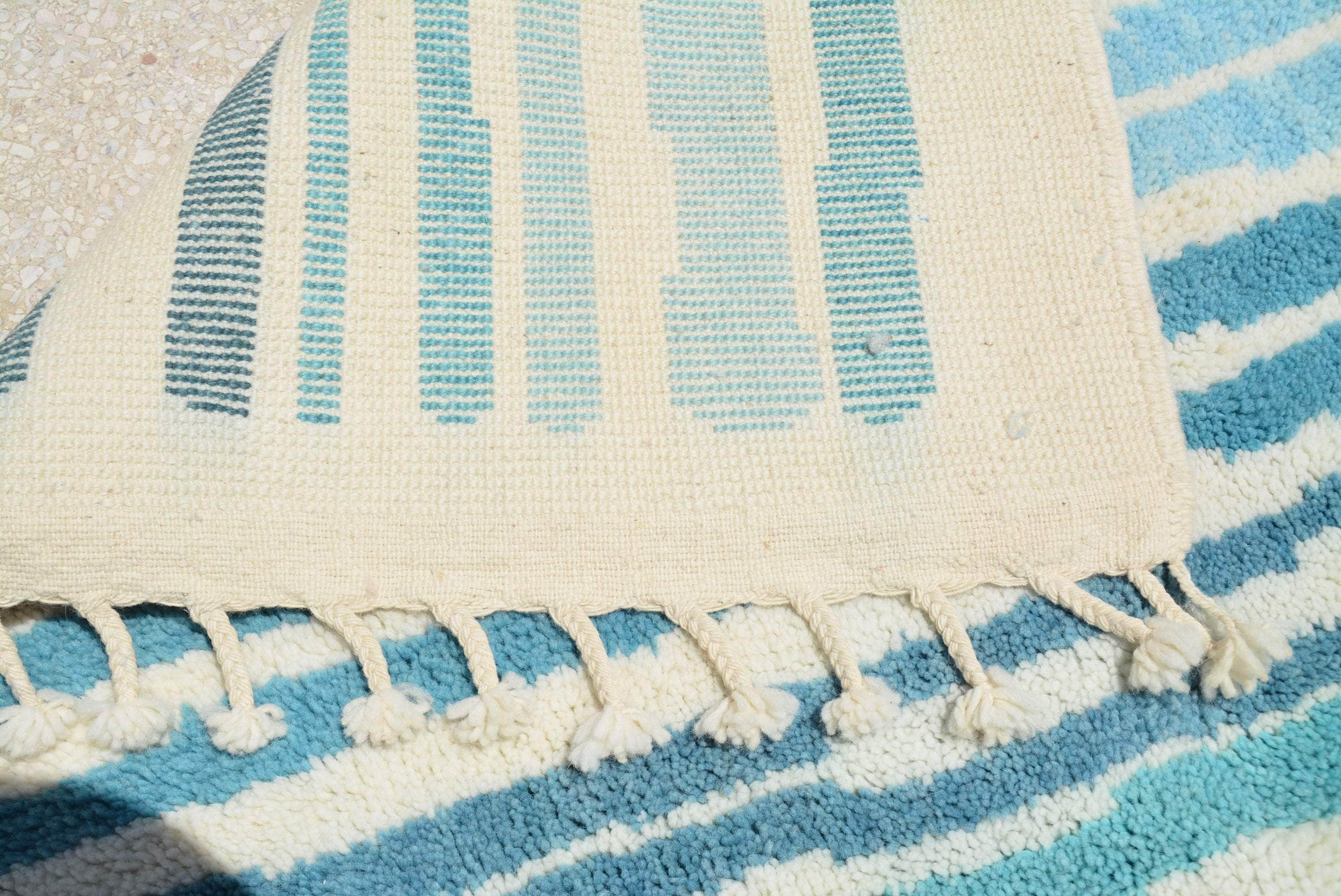 Blue Veil (8'0" x 10'0") - Abstract Blue & Taupe Linear Color Block Azilal Rug - Image 4