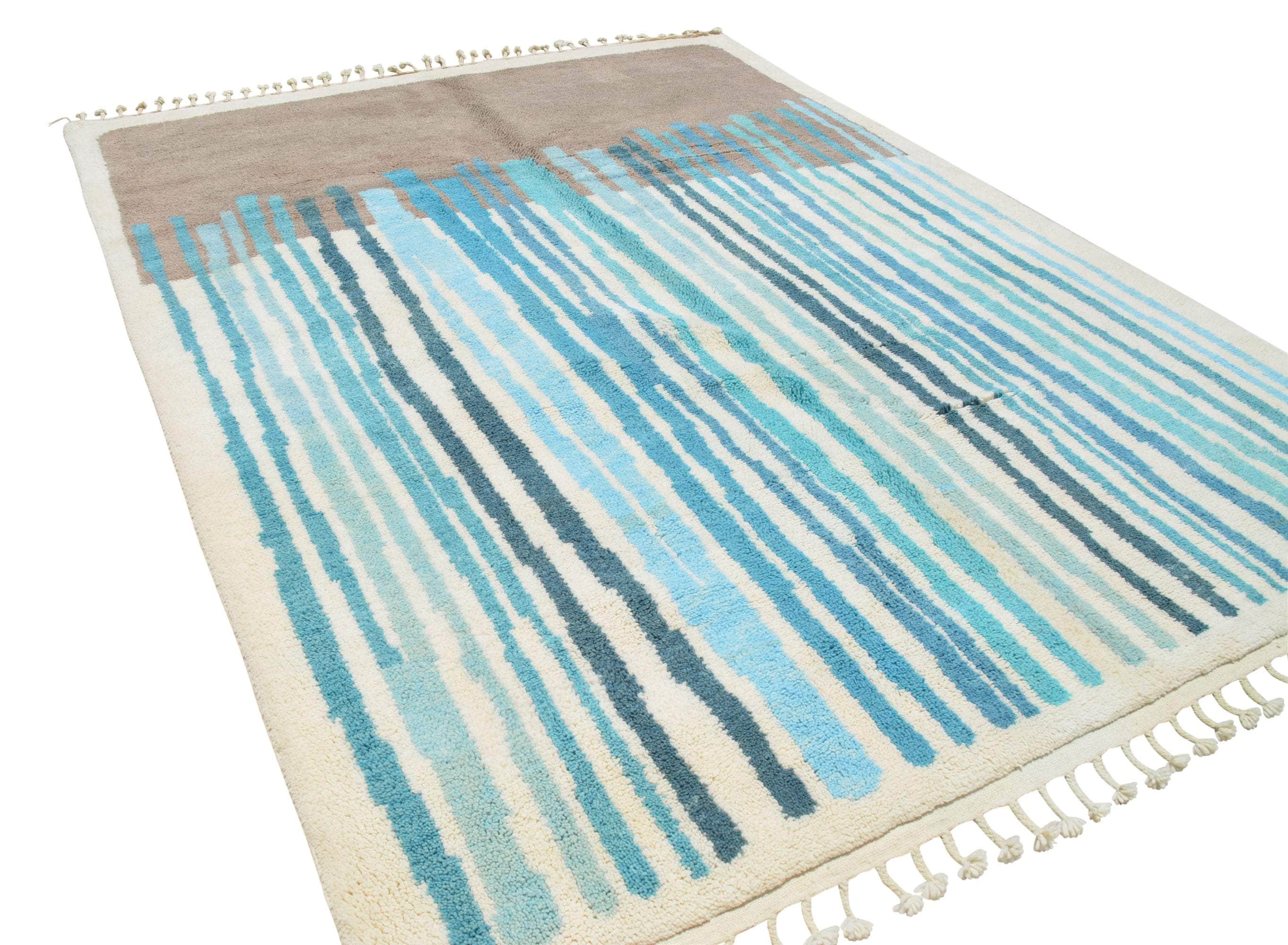Blue Veil (8'0" x 10'0") - Abstract Blue & Taupe Linear Color Block Azilal Rug - Image 5