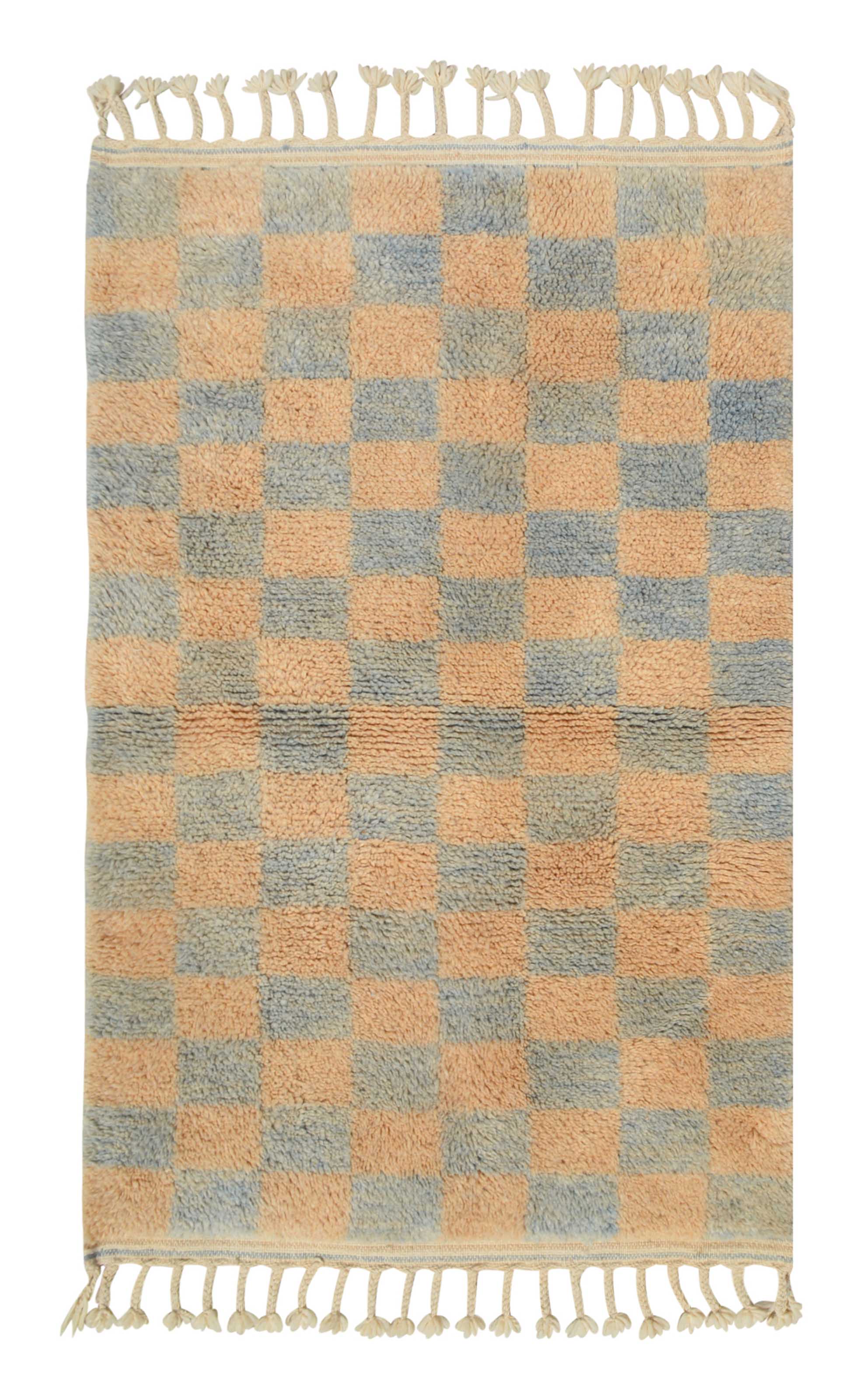 Chessboard II (2'8" x 4'0") - Peach & Blue Checkerboard Accent Rug - Hand-Knotted Wool