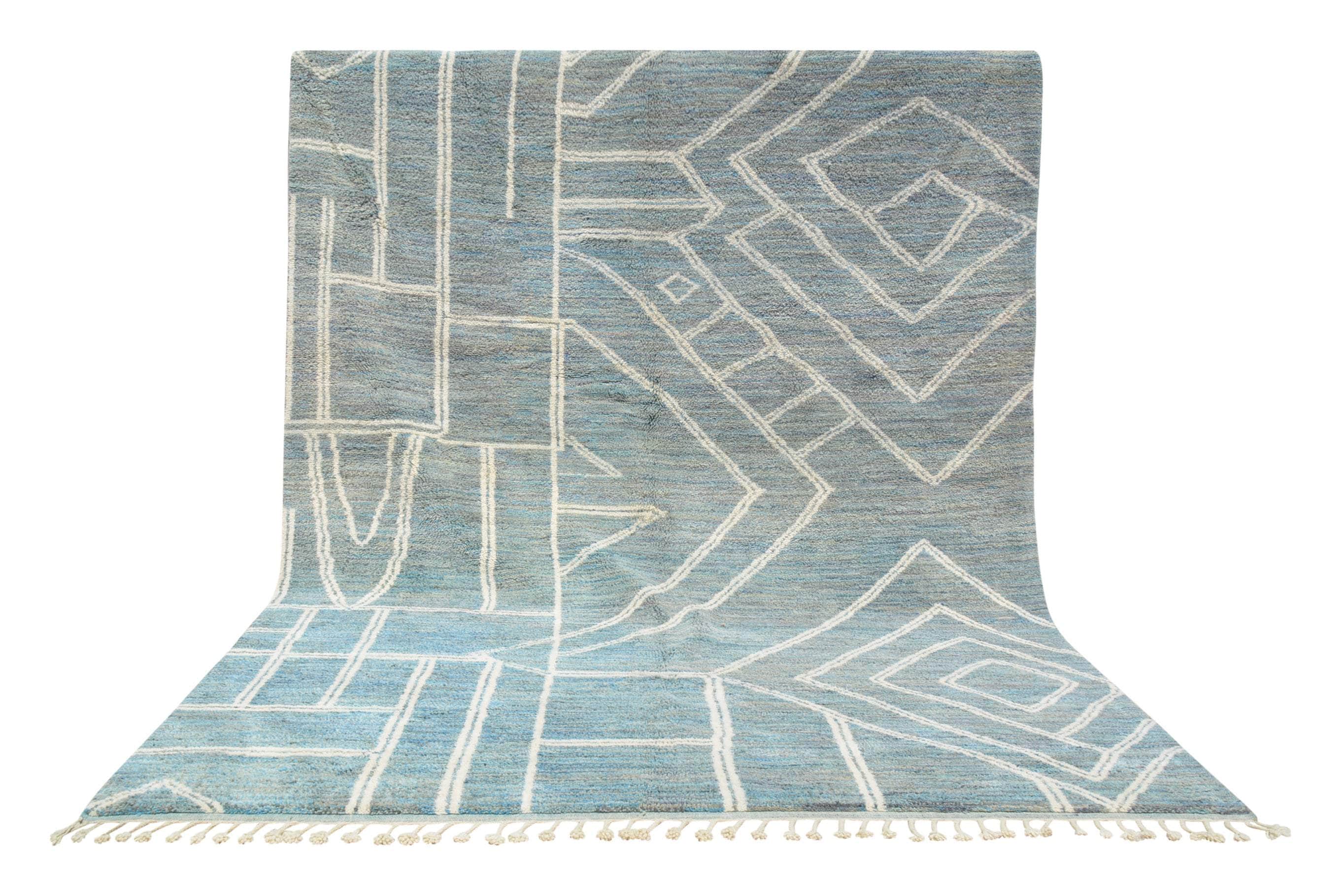 Congo Blue (9'2" x 11'4") - Cerulean Blue & White Geometric Split Azilal Rug - Image 6