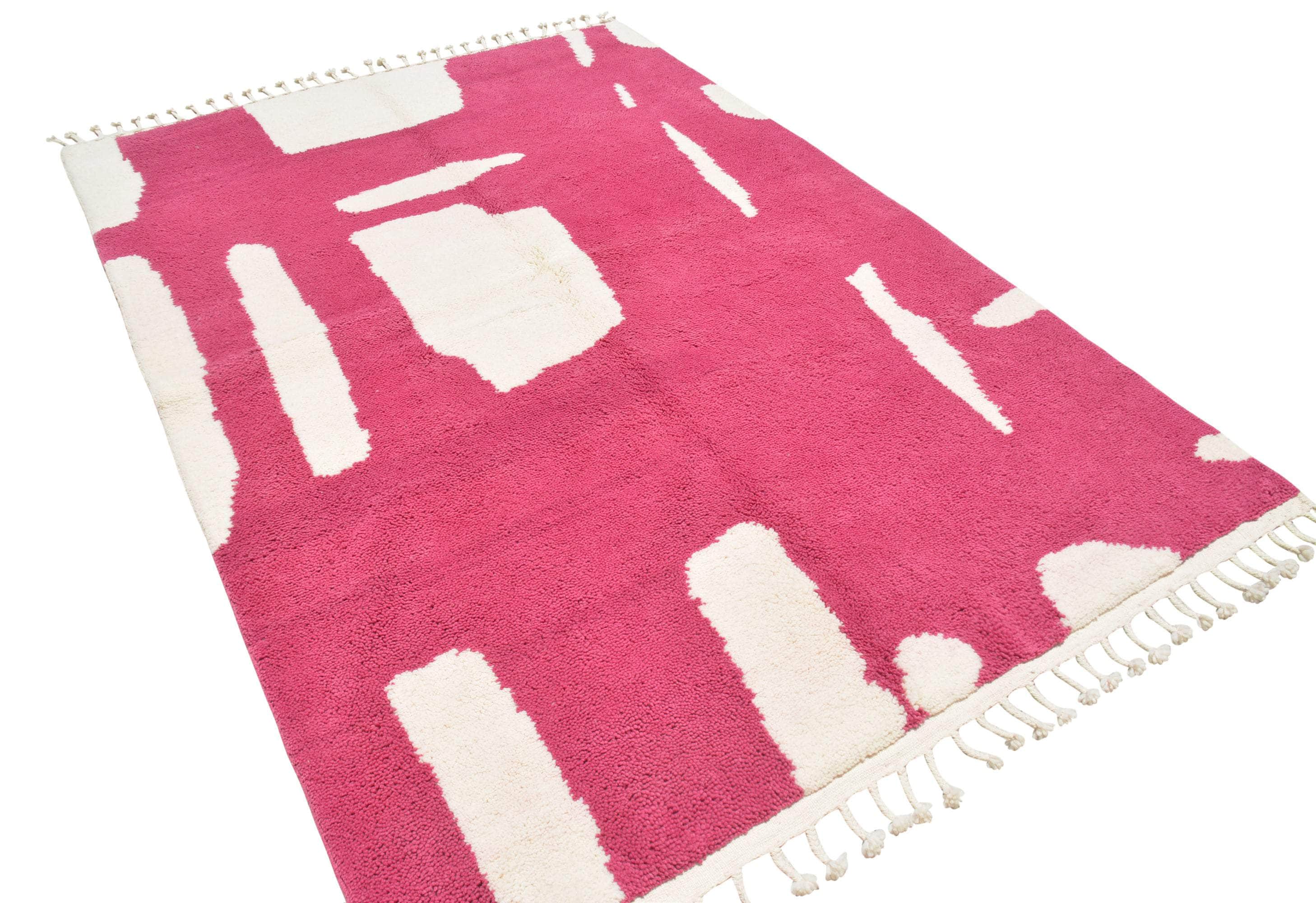 Elegant Fusion (6'2" x 9'2") - Abstract Raspberry Pink & White Organic Shape Azilal Rug - Image 5