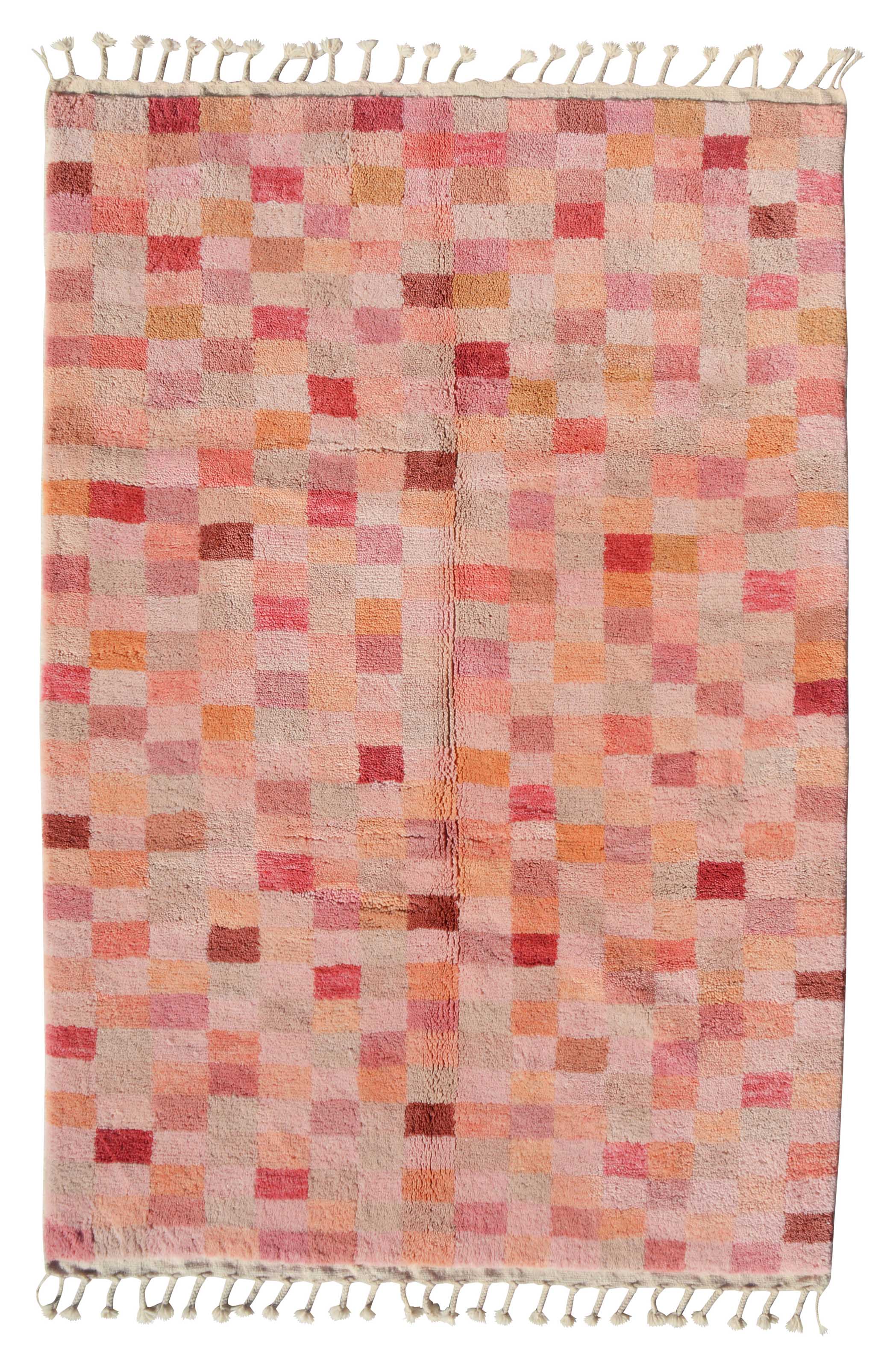 Pink Patches (5'3" x 7'10") - Abstract Pink & Orange Checkerboard Berber Rug