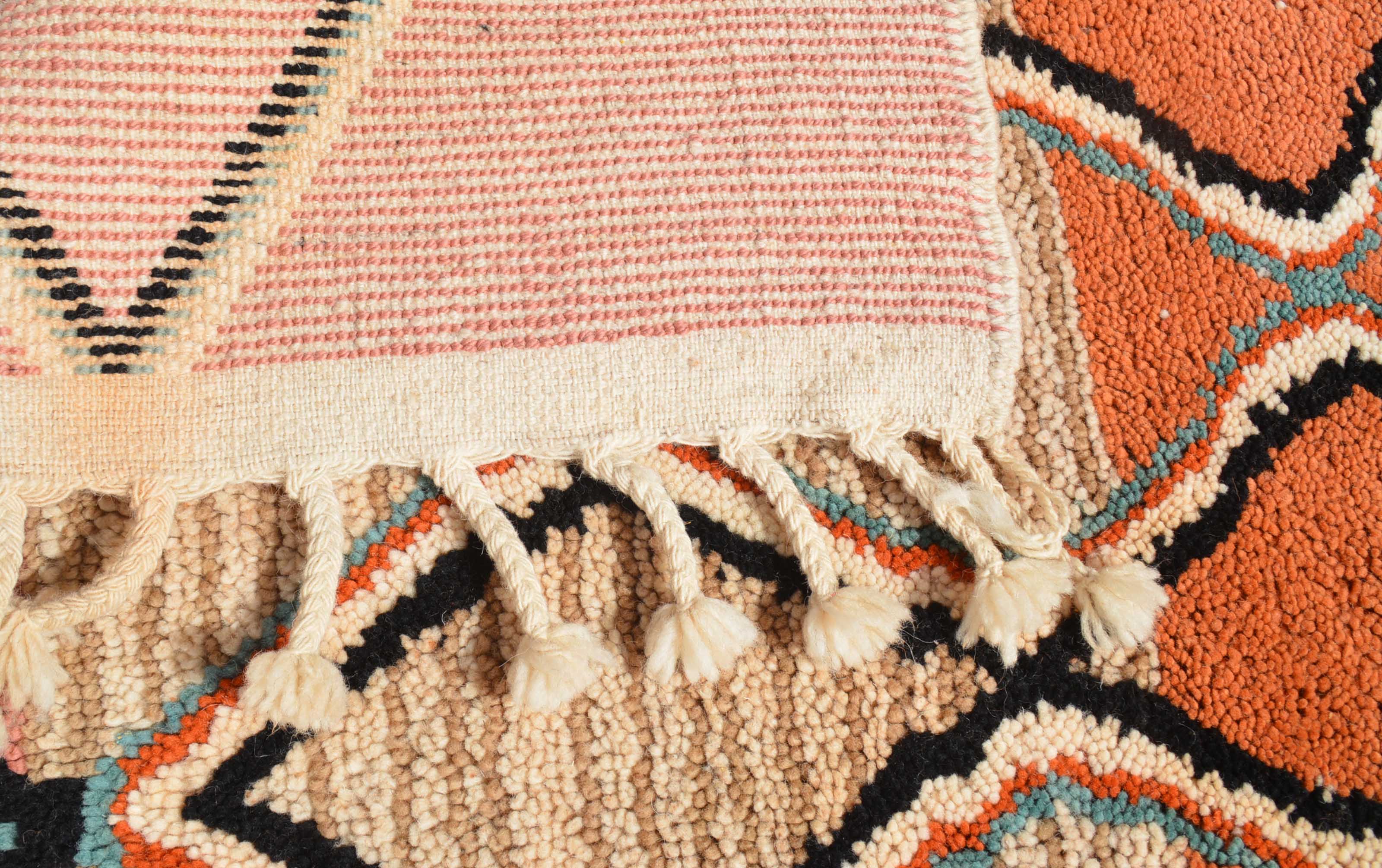 Slow Meadow (6'2" x 9'2") - Abstract Orange & Pink Striped Diamond Lattice Azilal Rug - Image 4